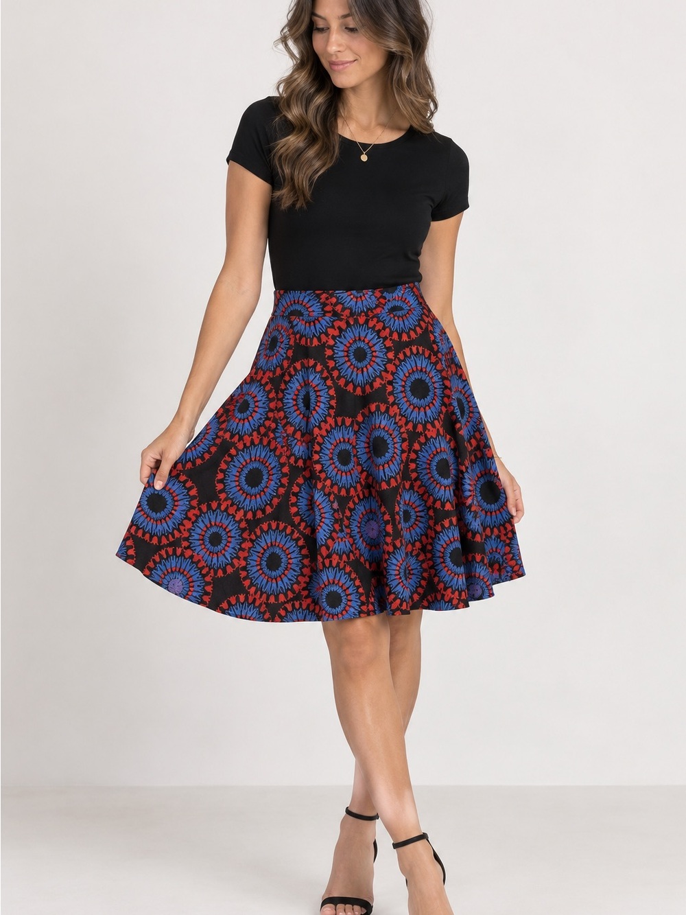 LuLaRoe Women’s Medium Black Blue & Red Floral Circle Skirt – Full Flowy A-Line